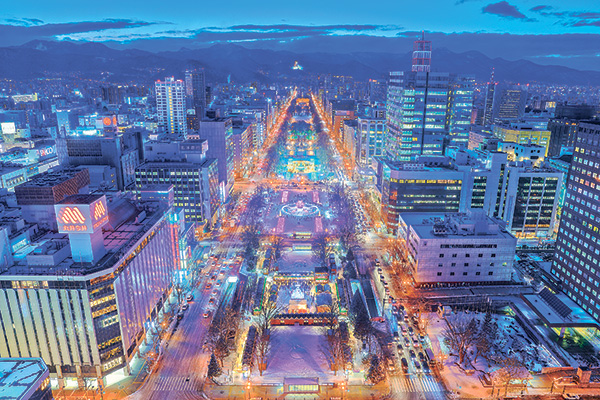札幌市街地と夜の大通公園。大阪では体験できない雪に関するイベントが多い
