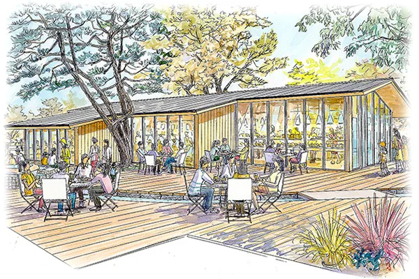 カフェの外観予想パース(RETOWN・E-DESIGN共同事業体提供)