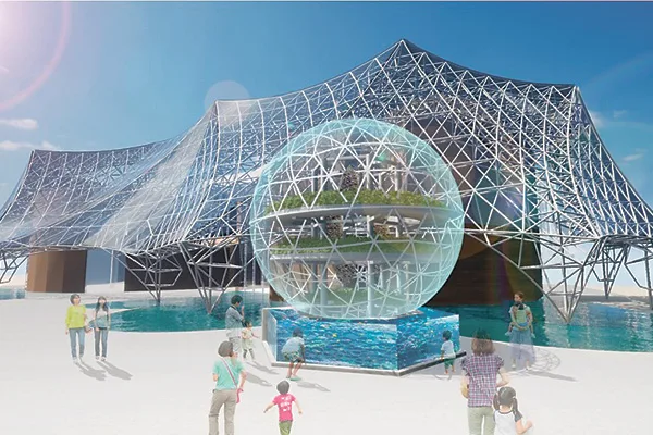 大阪・関西万博に出展する「大阪ヘルスケアパビリオン」の敷地内に、水産養殖と水耕栽培を組み合わせた生産施設「アクアポニックス」のイメージ図